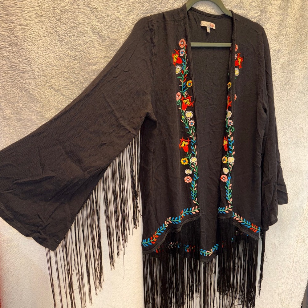 Embroidered Fringe Kimono Black Cardigan Western Boho Festival Whimsigoth Medium